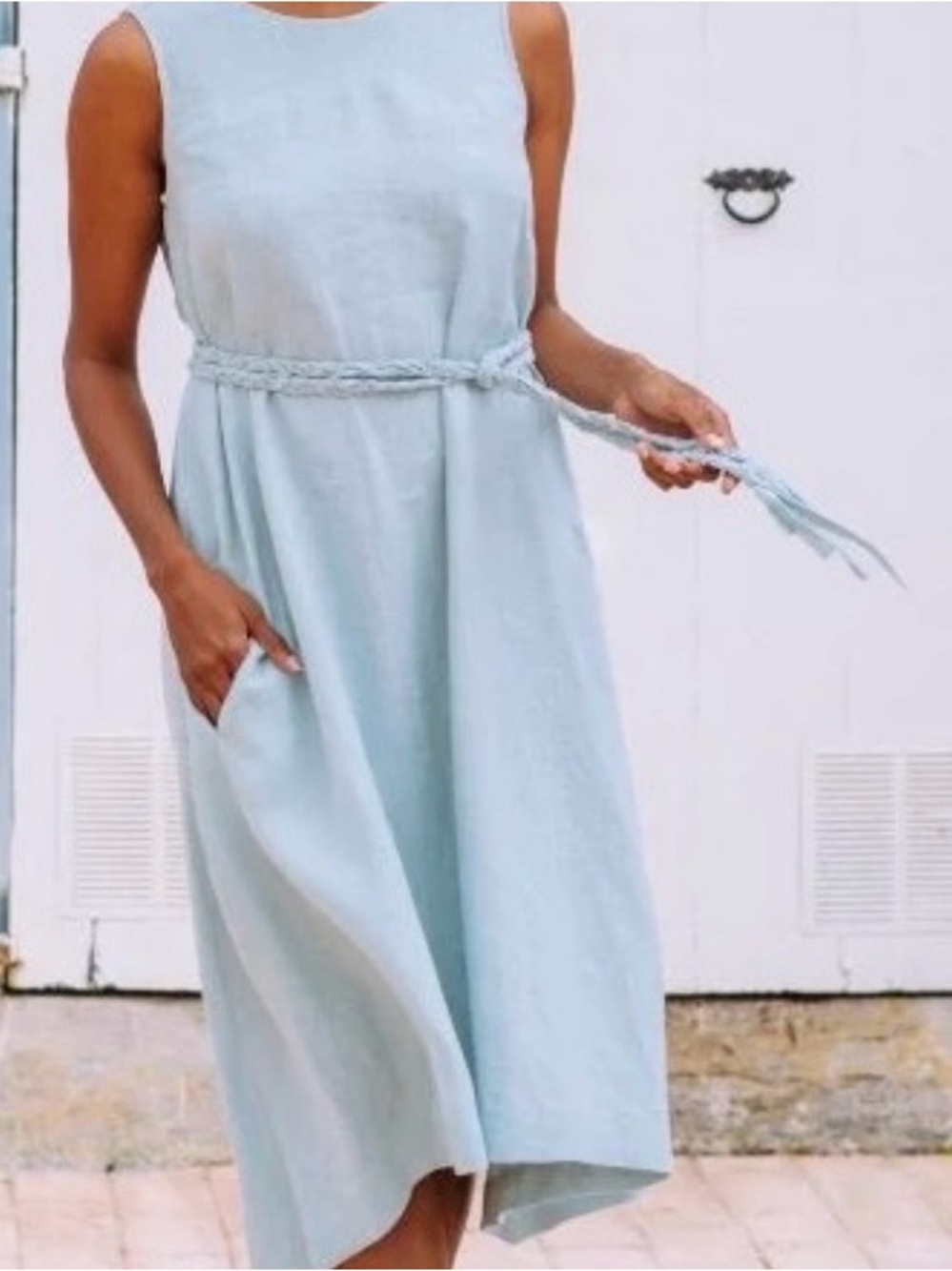 Sleeveless Light Blue Midi Linen Dress with Braided Waist